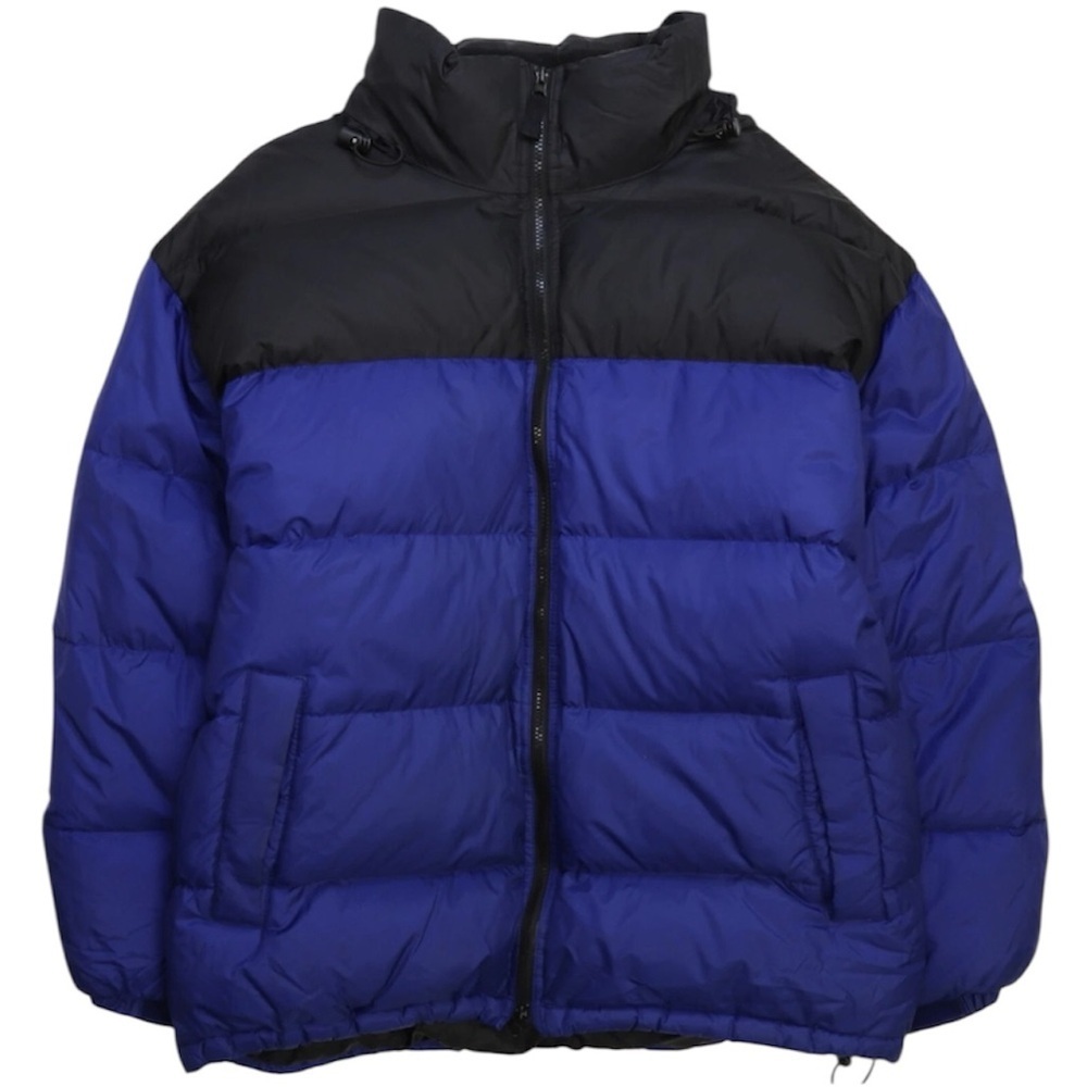 GAP Men’s Royal Blue Black Puffer Coat, Full Zip, Storable Hoodie, Men’s Medium